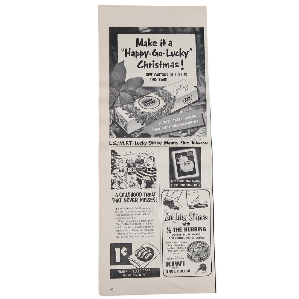 Christmas Magazine Advertisements B&W Vintage 1940s Lucky Strike Dubble Bubble